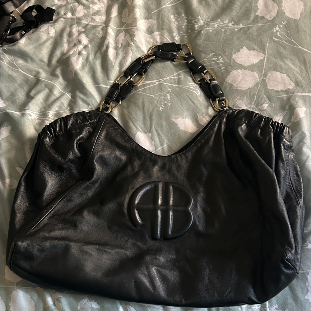 Anine Bing Black Leather Chain-Handle Kate Large Shoulder Bag
